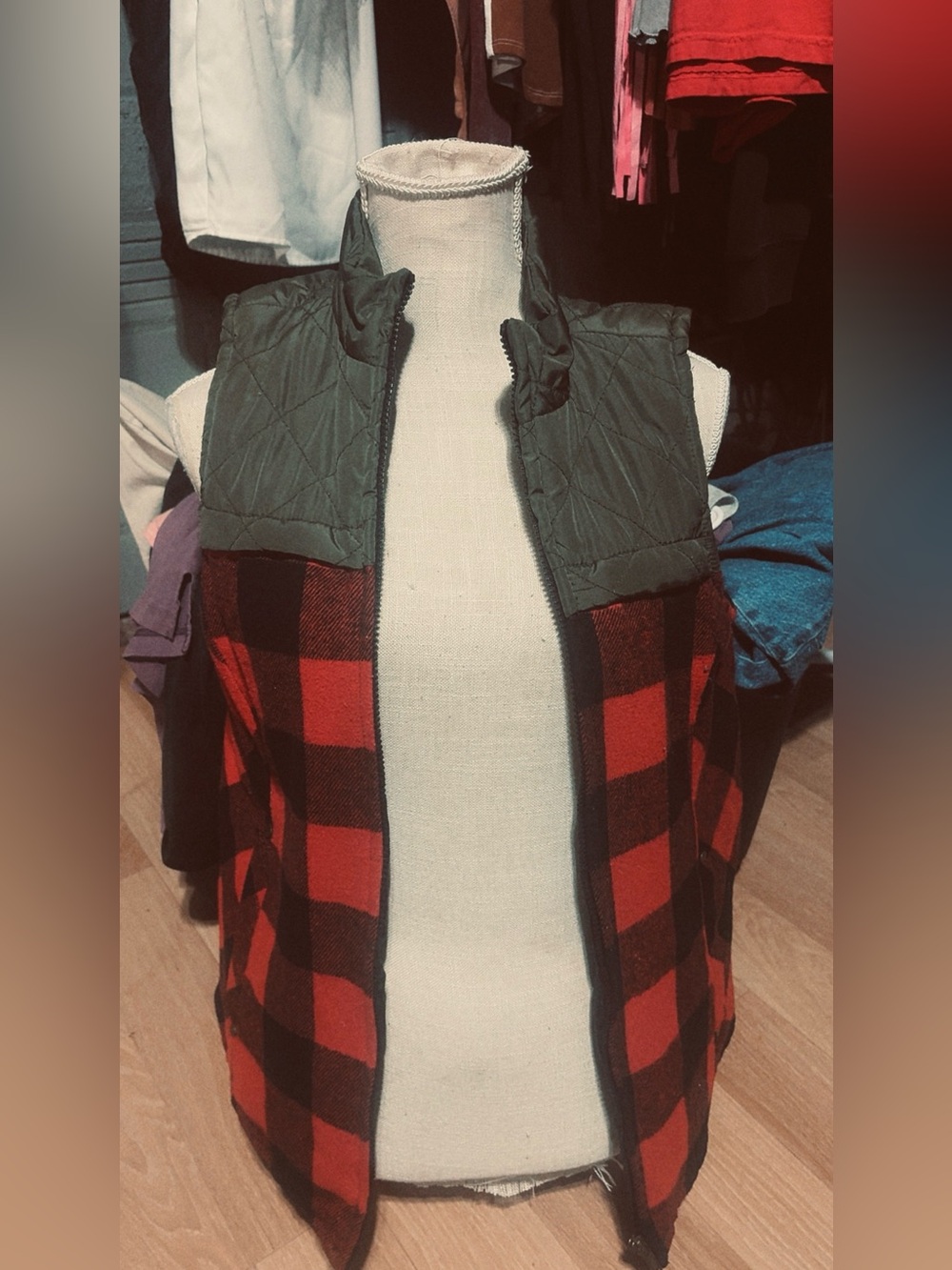 Maurices Quilted Olive Yoke Red & Black Buffalo Plaid Vest